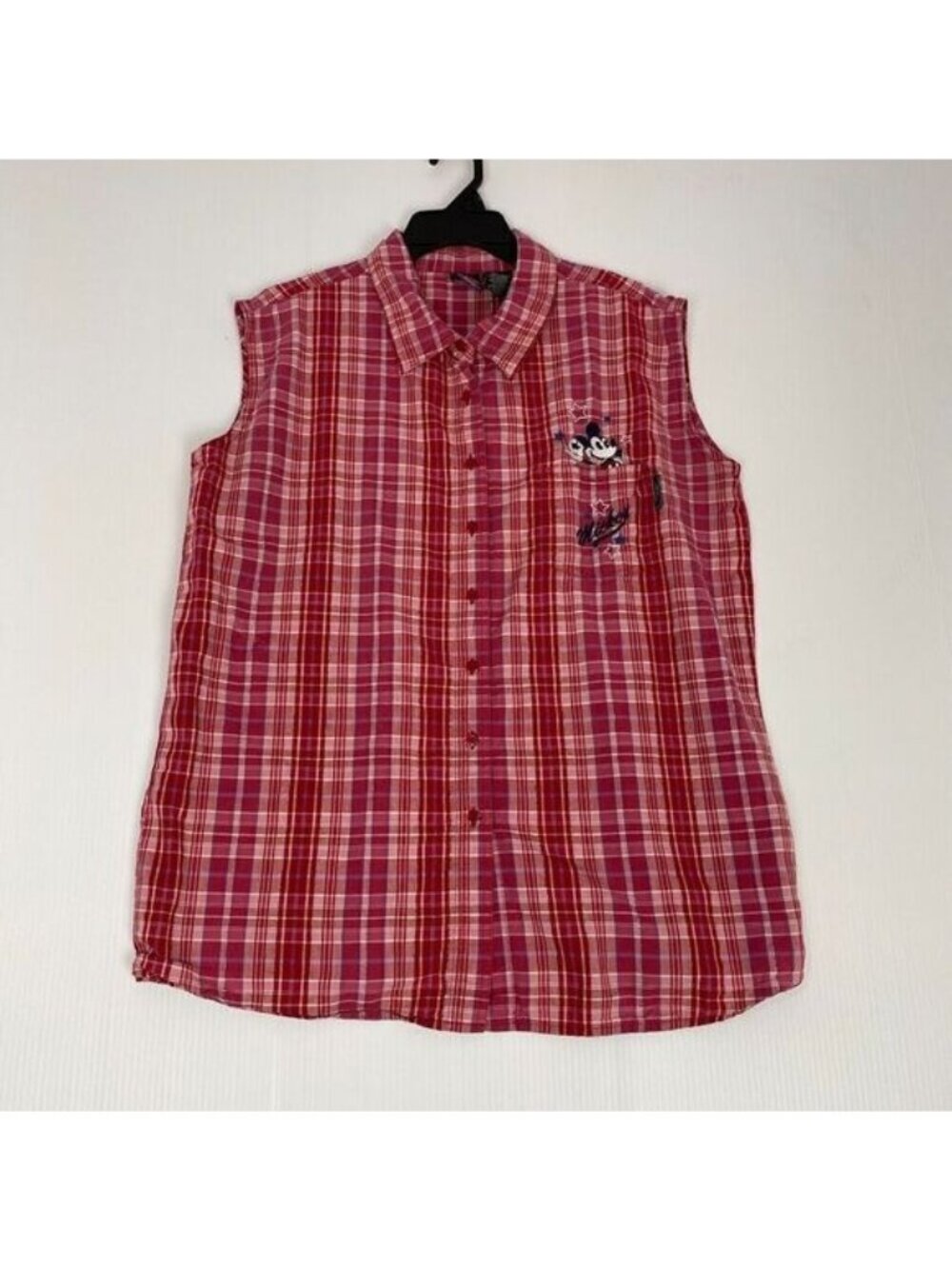 VTG Mickey Unlimited Disney Size 26/28 Women Top Red Plaid Embroidered sleeveles